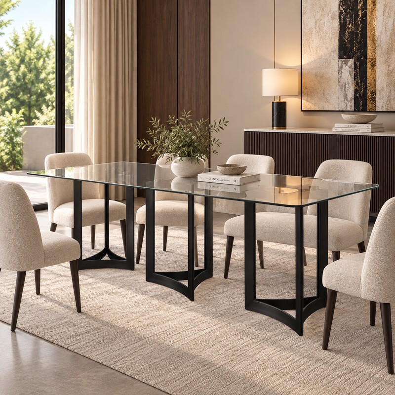Alexa Dining Table Black Base and 240 CM Clear Glass