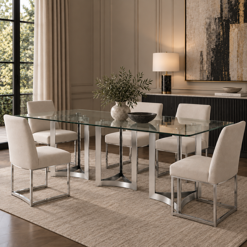 Alexa Dining Table Silver Base and 240 CM Clear Glass