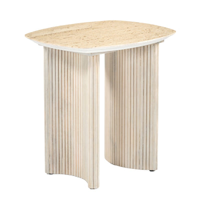 24"catalina Travertine&fluted Wood Accent Table/kd - Al Rugaib Furniture