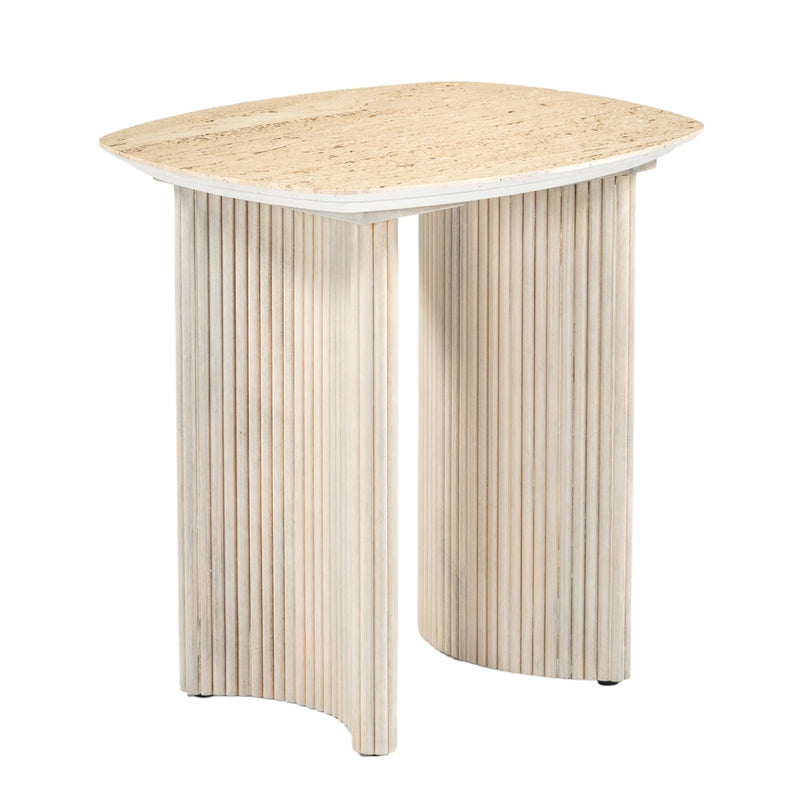 24"catalina Travertine&fluted Wood Accent Table/kd - Al Rugaib Furniture