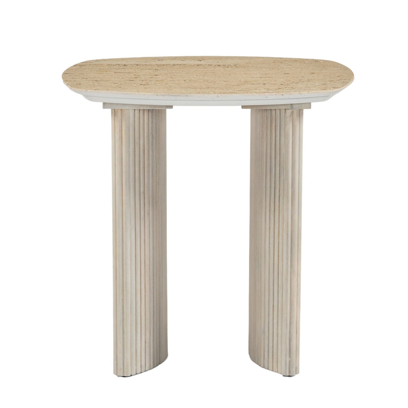 24"catalina Travertine&fluted Wood Accent Table/kd - Al Rugaib Furniture