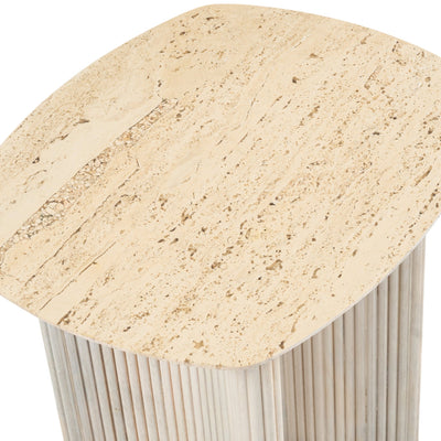 24"catalina Travertine&fluted Wood Accent Table/kd - Al Rugaib Furniture