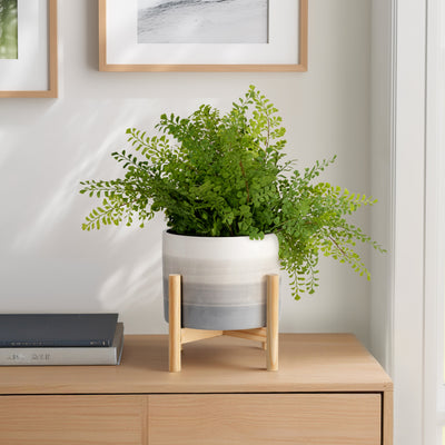 8 CERAMIC PLANTER W/ WOOD STAND, BEIGE MIX