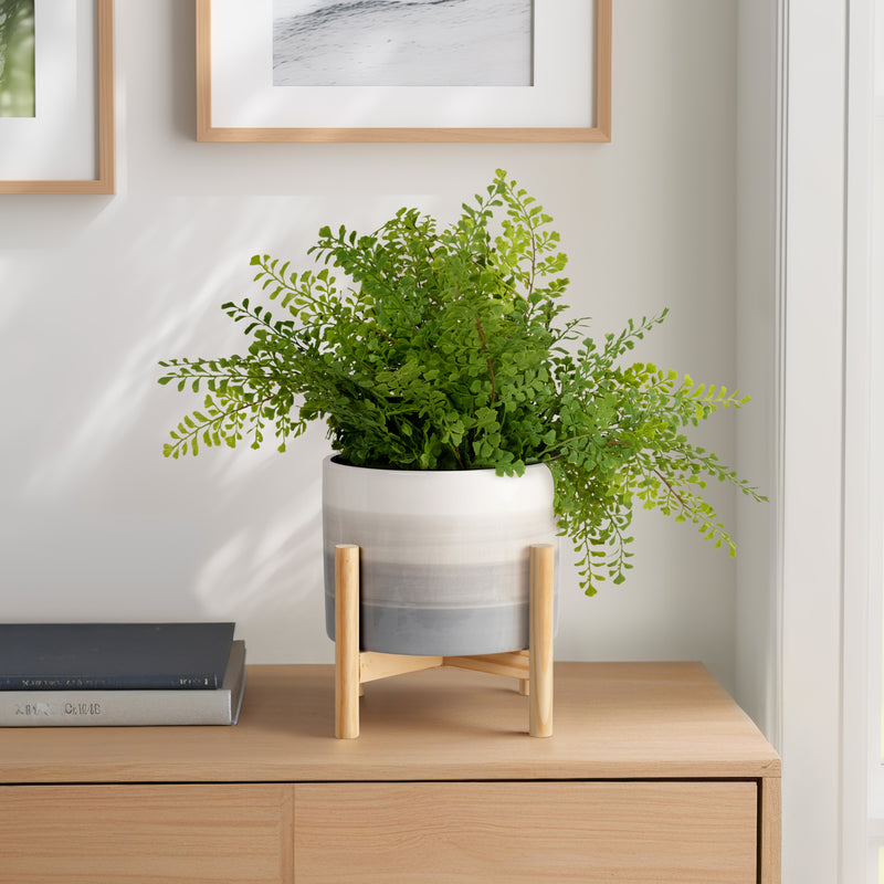 8 CERAMIC PLANTER W/ WOOD STAND, BEIGE MIX