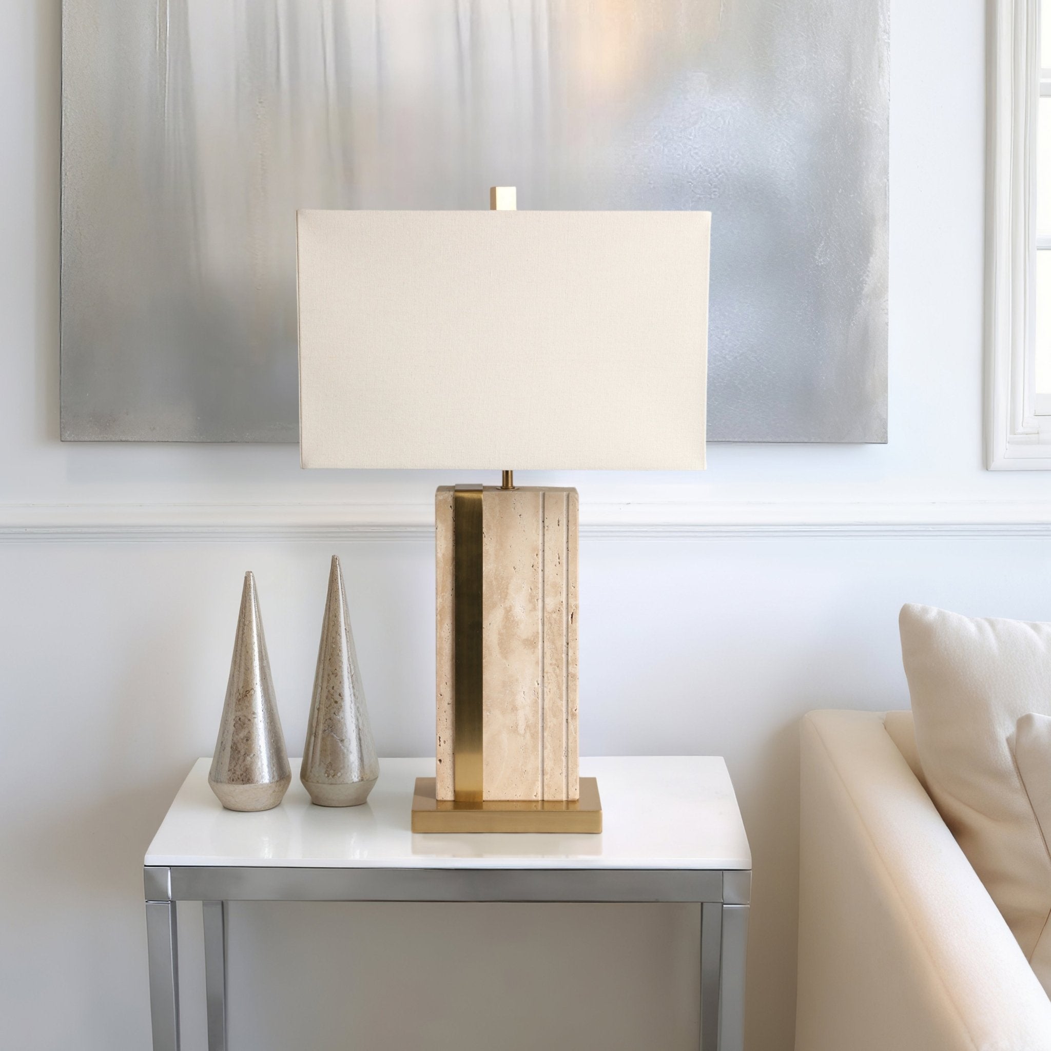 26" Hallberg Travertine Table Lamp, Gold/ivory Table Decors| Sagebrook Home