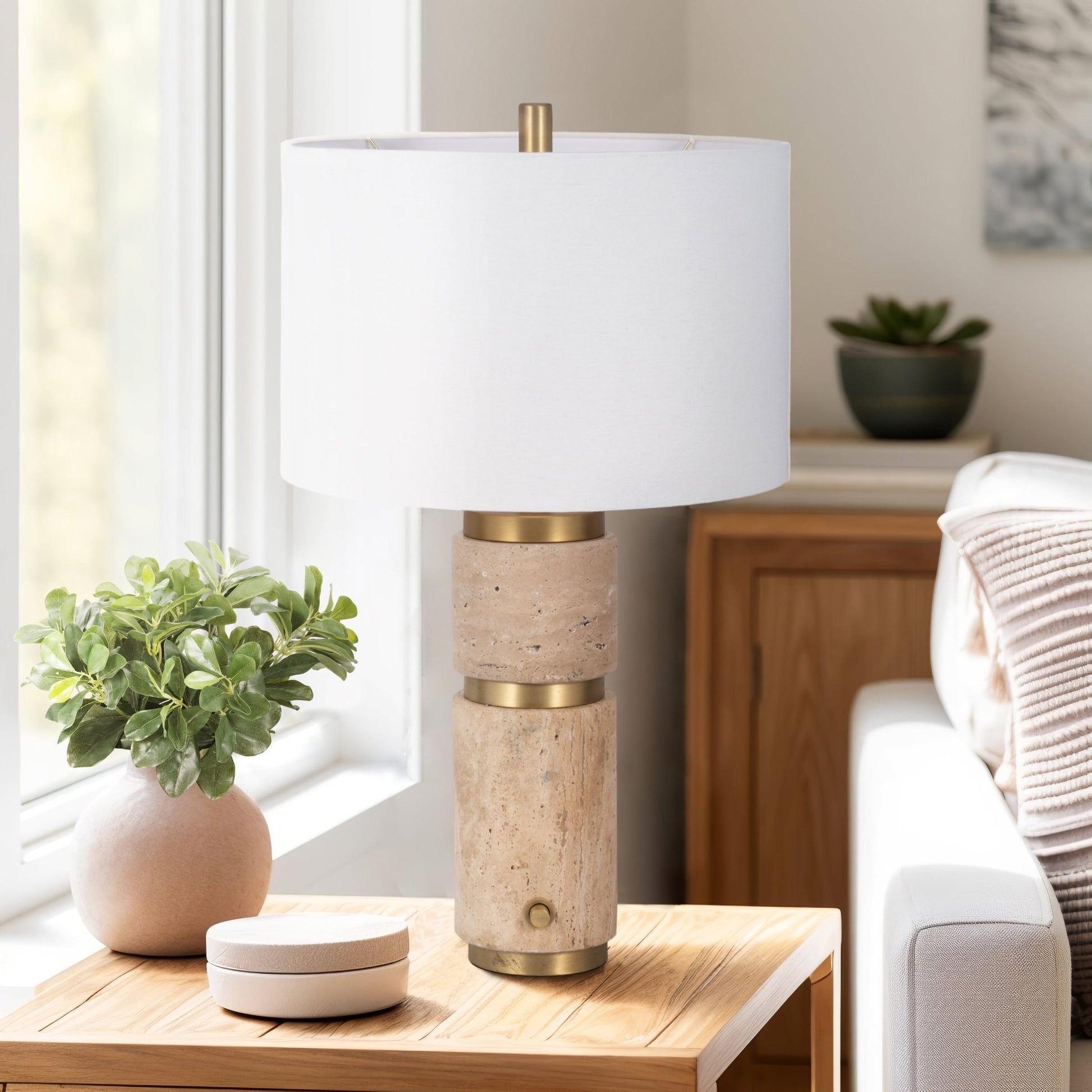 26" Knox Travertine Table Lamp, Gold/ivory Table Decors| Sagebrook Home