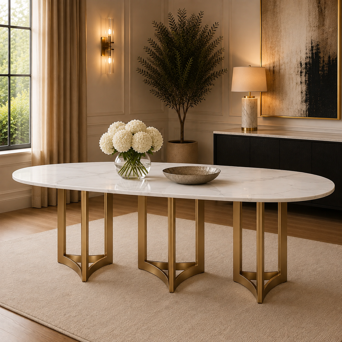Alexa Dining Table Gold Base and 240 CM Oval White Marble