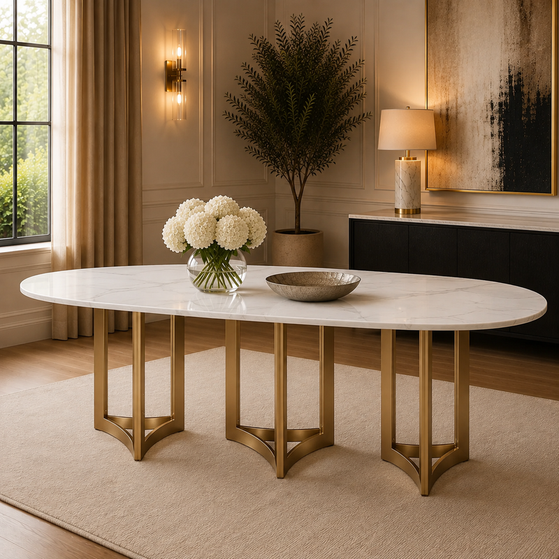 Alexa Dining Table Gold Base and 240 CM Oval White Marble