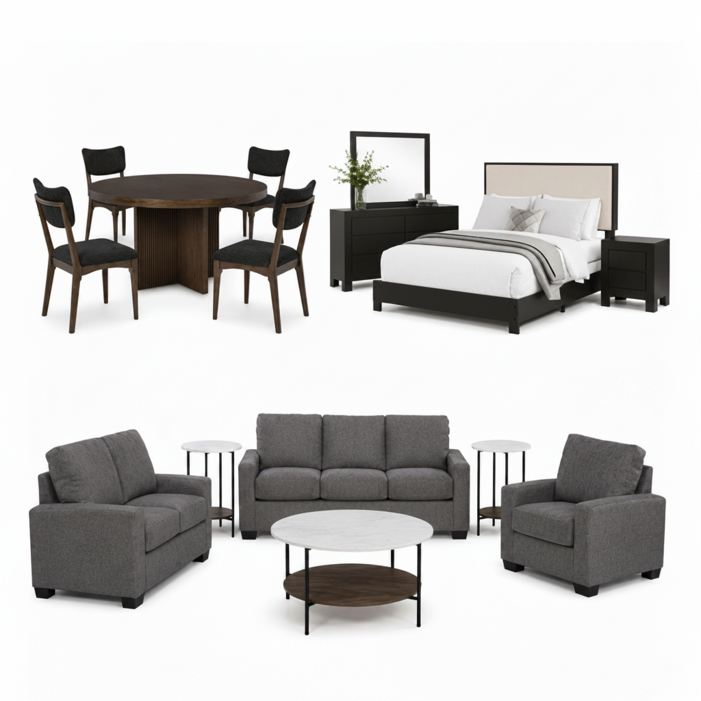 A furniture bundle featuring a dining set with a round dark wood table and four matching chairs, a bed frame with matching nightstands and a mirror, and a gray living room set with a three-seat sofa, two armchairs, a coffee table, and two side tables. The products are displayed on a clean white background with a black gift box icon in the top left corner.