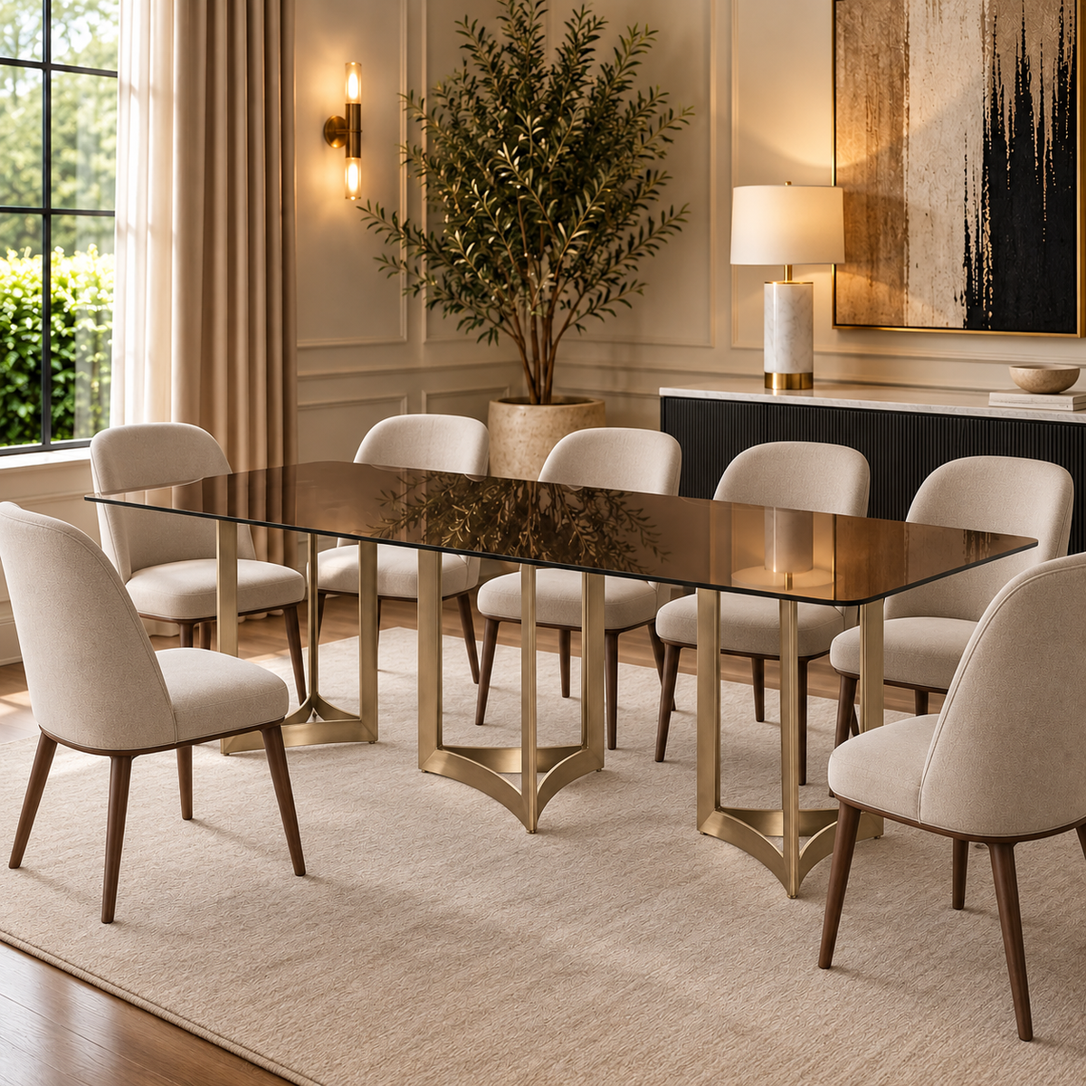 Alexa Dining Table Gold Base and 295 CM Gold Glass