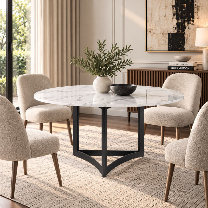 Alexa Dining Table Black Base and 180 CM Round White Marble