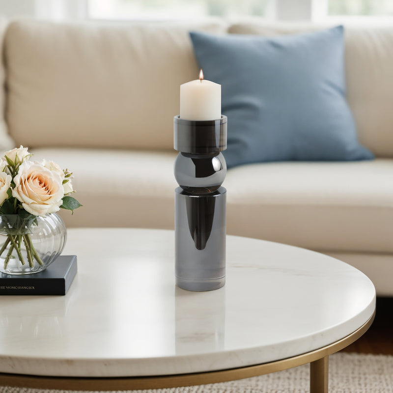 GLASS 11H PILLAR CANDLE HOLDER, SMOKE