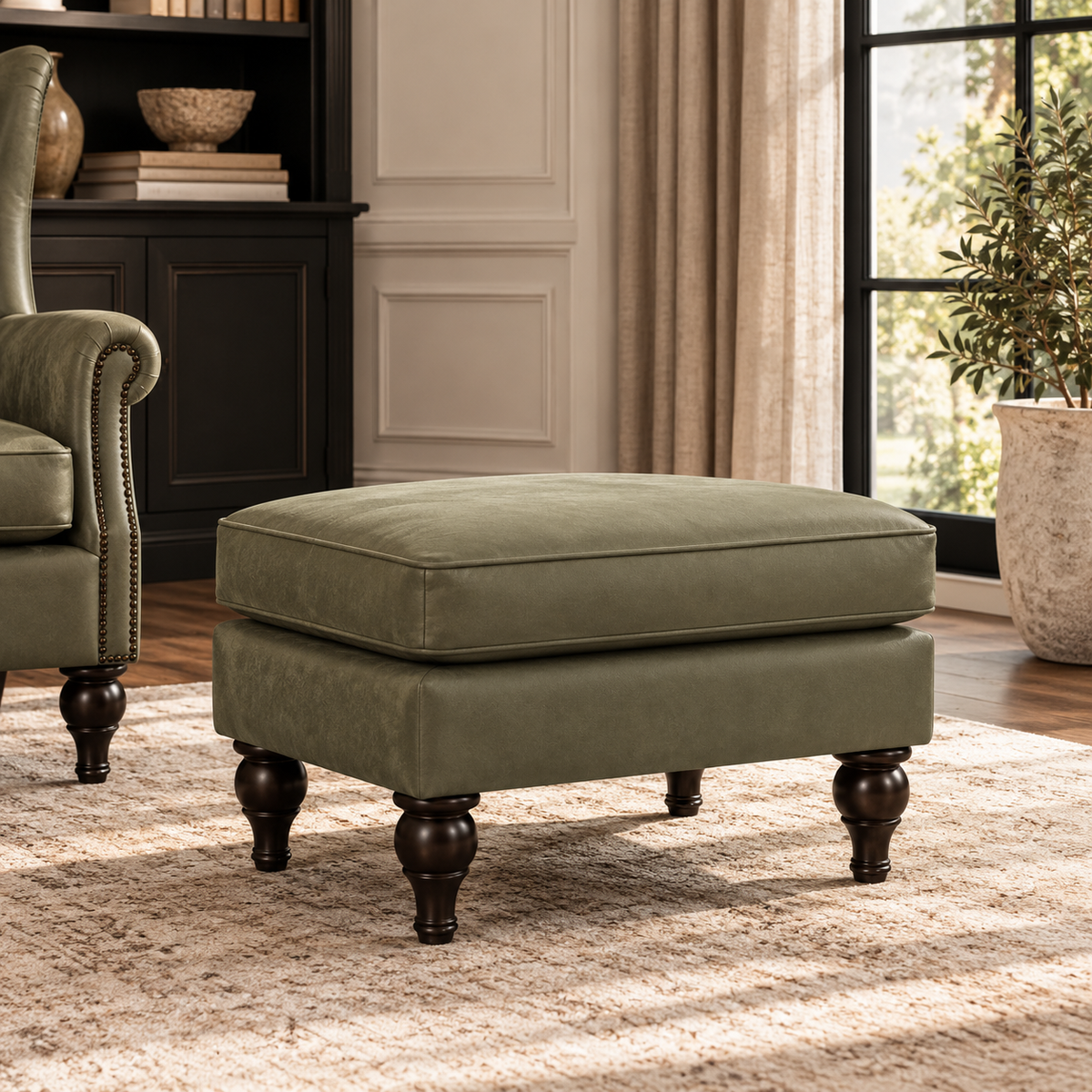Saddle Green Leather Ottoman