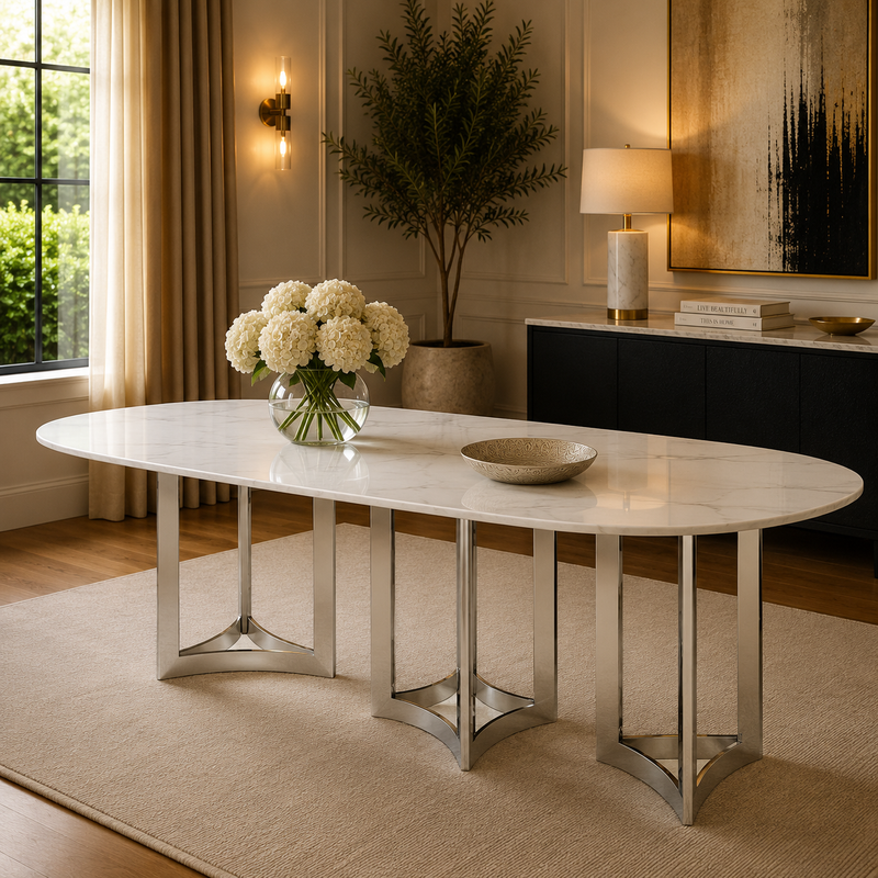Alexa Dining Table Silver Base and 295 CM Oval White Marble