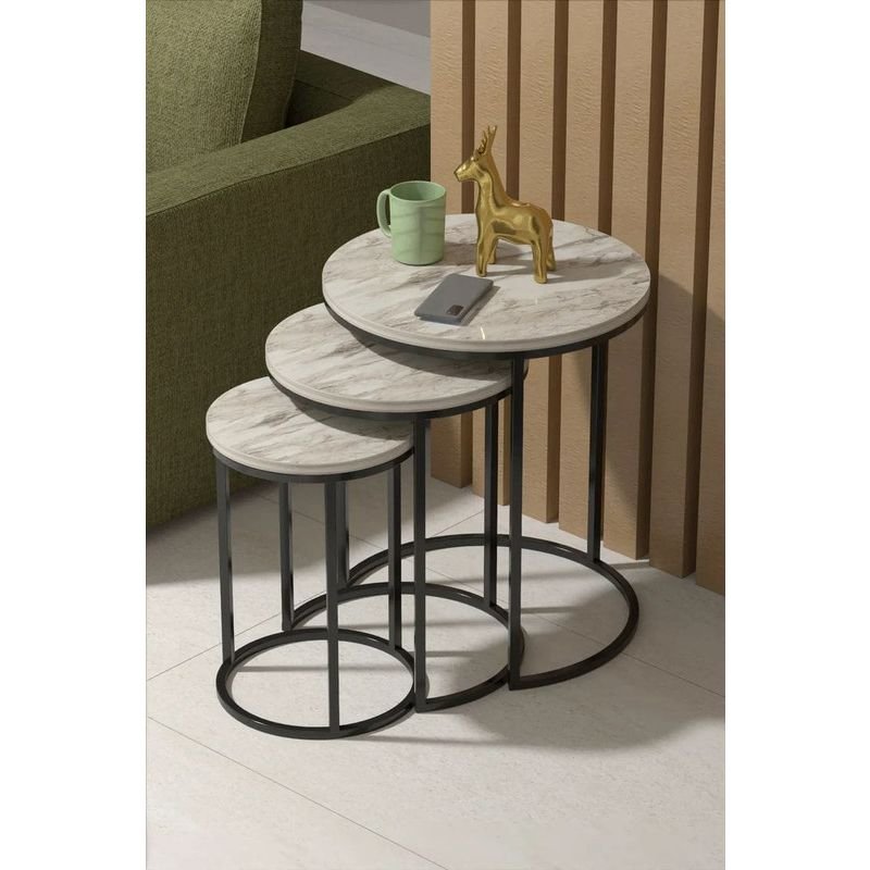3-Pieces Marble Wood and Iron Side Table Set - Black and White Accent & End Tables| Alhome