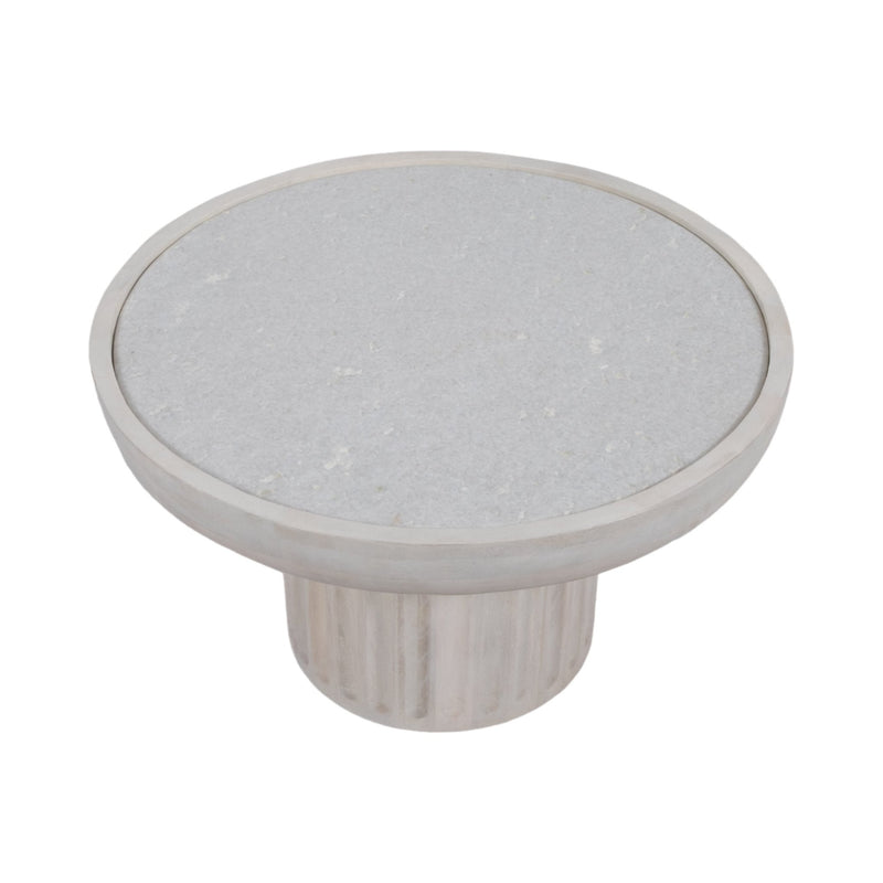 30" Carved Wood Base Marble Top, Whitewash - Al Rugaib Furniture