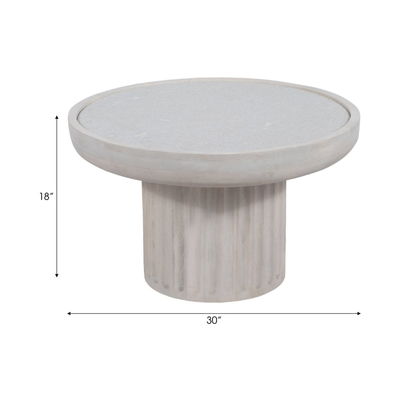 30" Carved Wood Base Marble Top, Whitewash - Al Rugaib Furniture