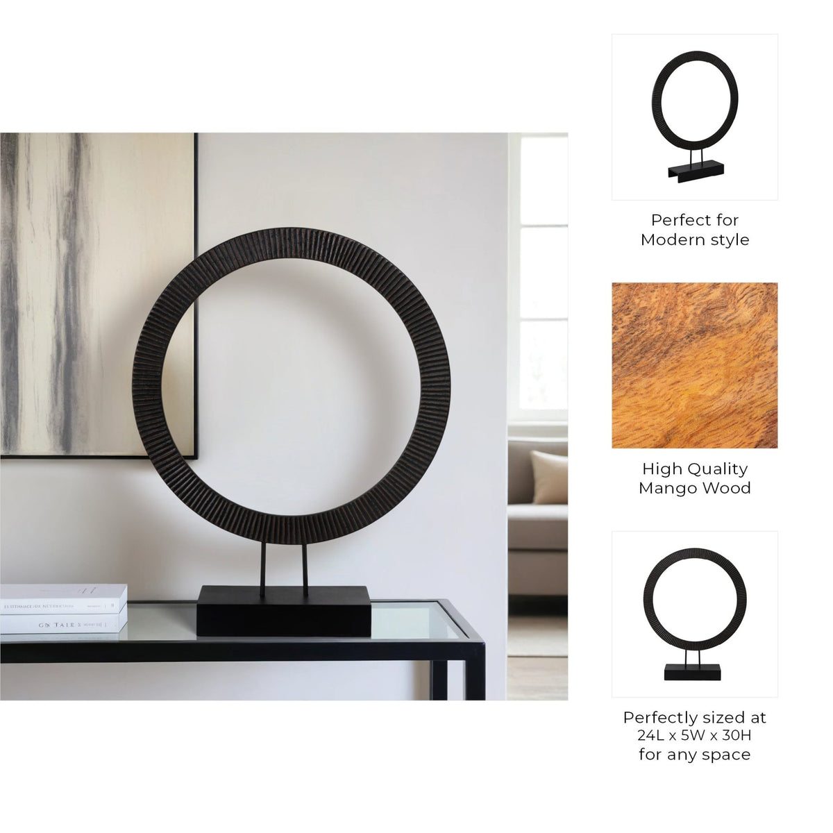 30" VOLTA LARGE BLACK WOOD RING STATUARY Table Decors| Sagebrook Home