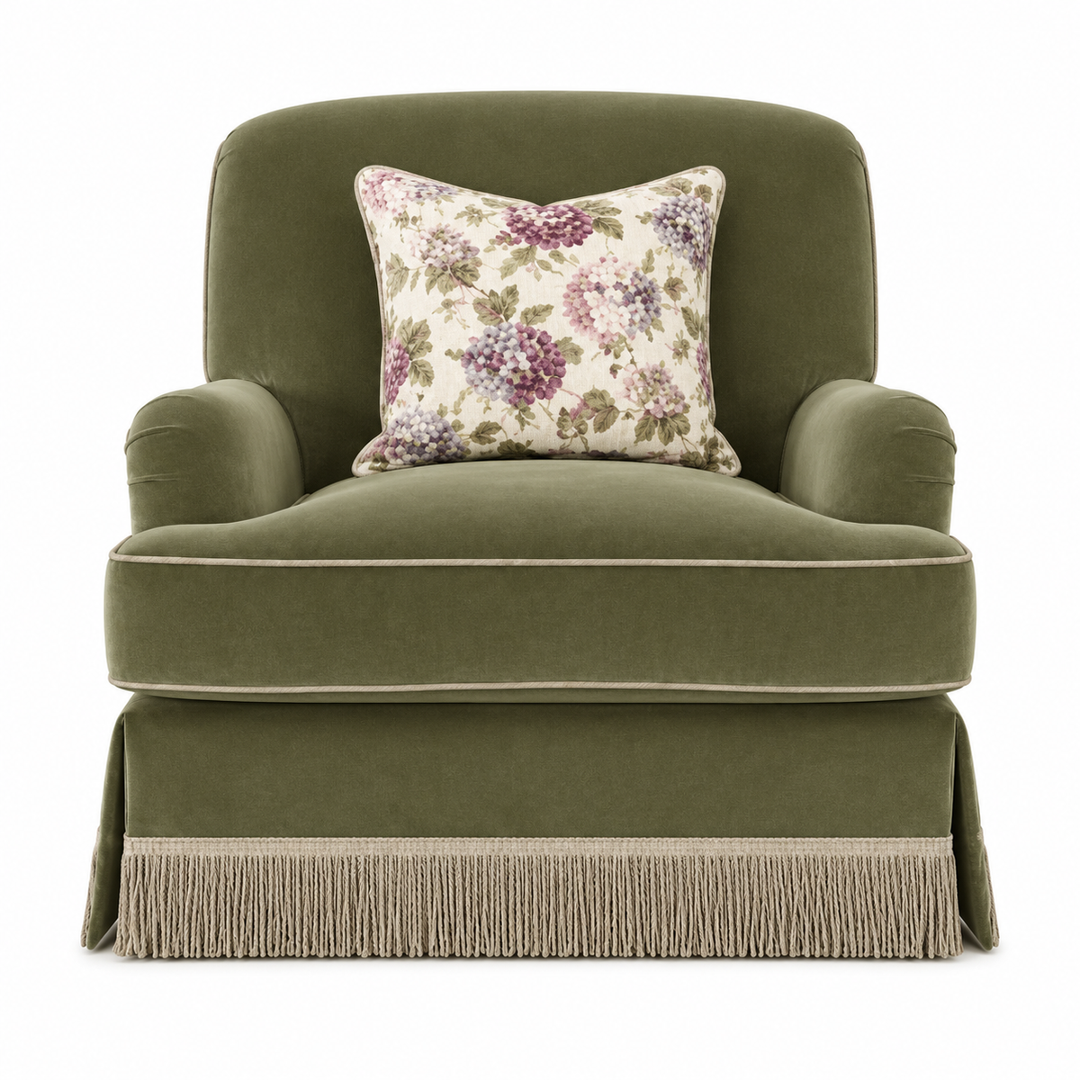 Jasmine Olive Arm Chair Fringe Skirted