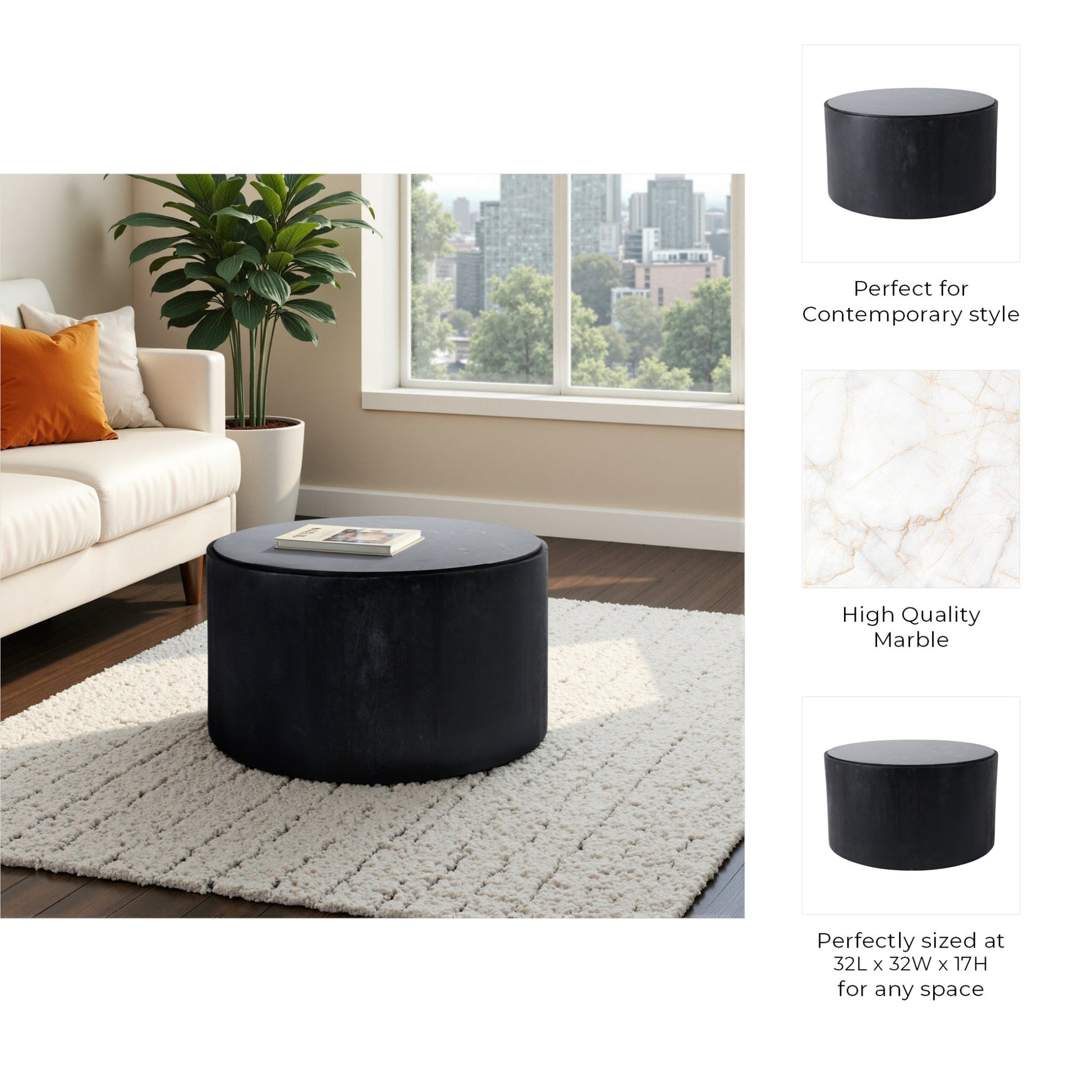 32x17 Marble Inlay Rnd Coffee Table, Blk/wht Coffee Tables| Sagebrook Home