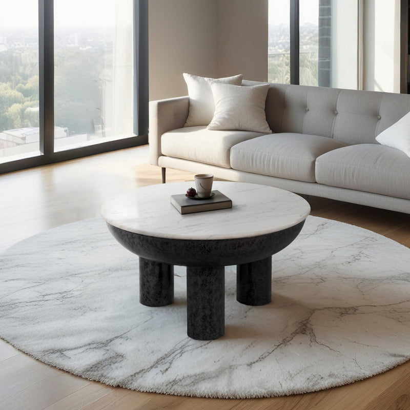 33" Chunky Leg Coffee Table Marble Top, White/blk - Al Rugaib Furniture