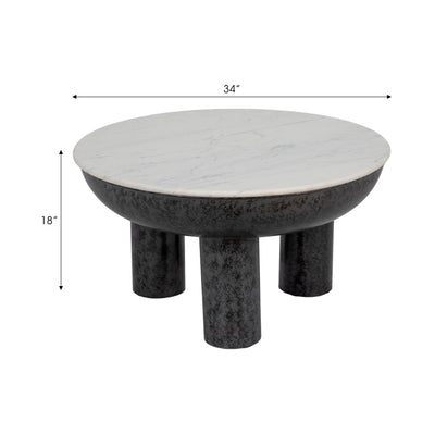33" Chunky Leg Coffee Table Marble Top, White/blk - Al Rugaib Furniture