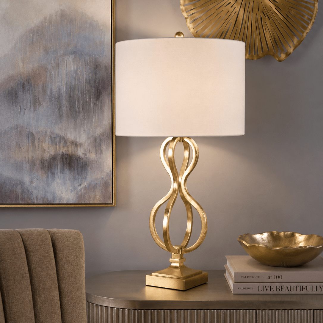 33.5" HT TABLE LAMP 17"X17"X12" SHADE;Gold Foil finish Table Lamps| Crestview