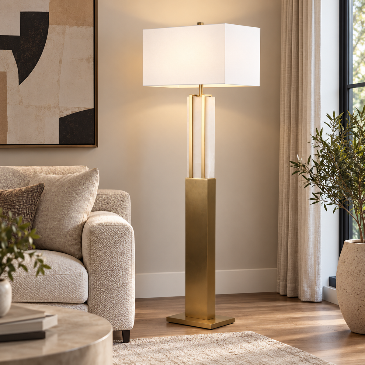 Stark Alabaster Floor Lamp in Antique Brass