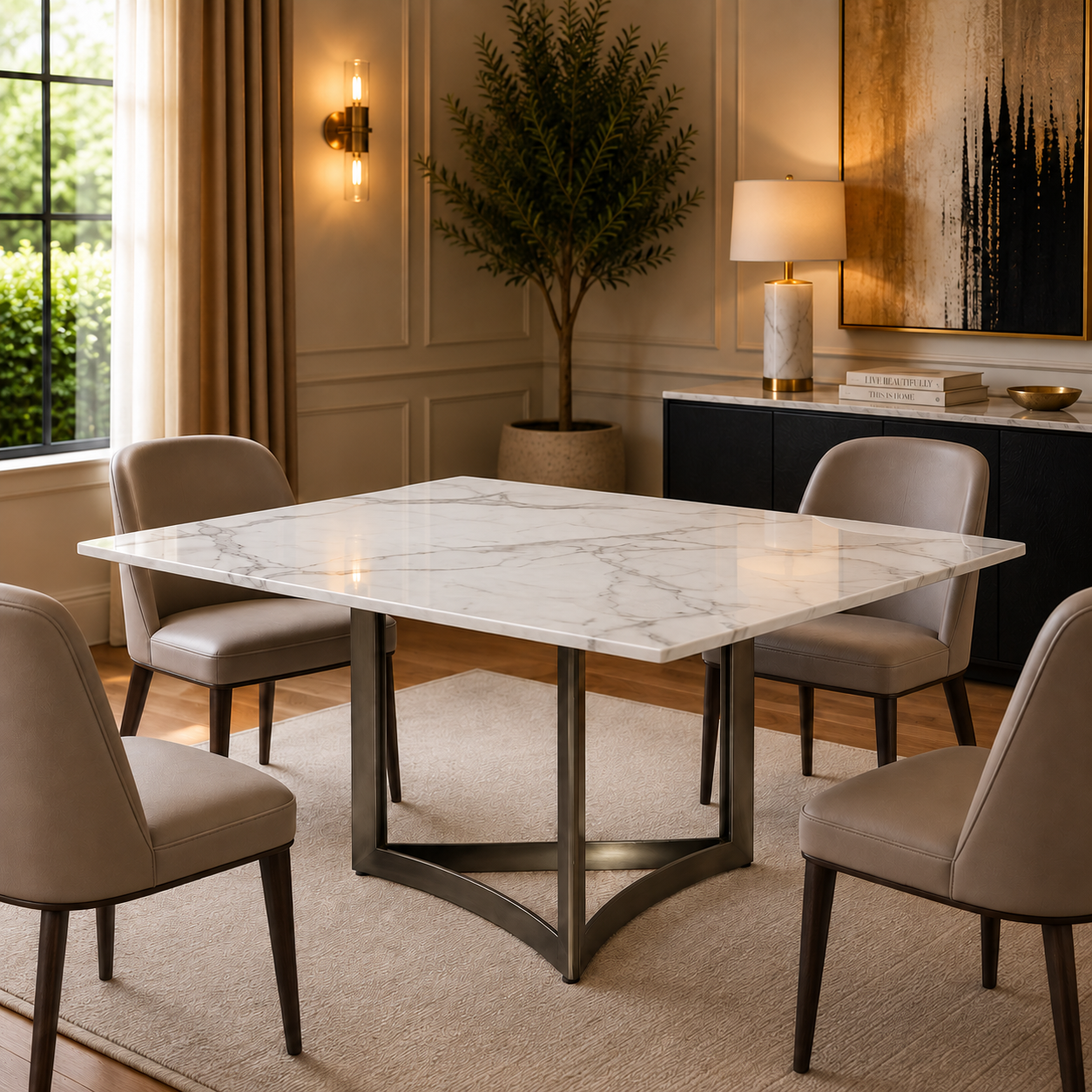Alexa Dining Table Bronze Base and 160 Square CM White Marble