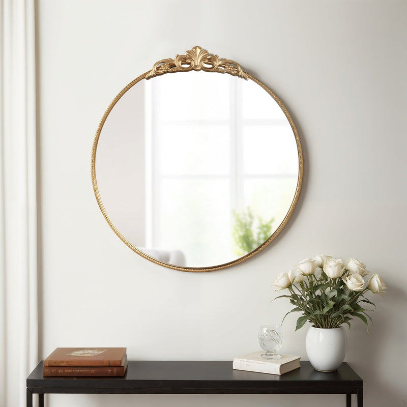 36" Fleur Applique Round Mirror, Gold Wb - Al Rugaib Furniture