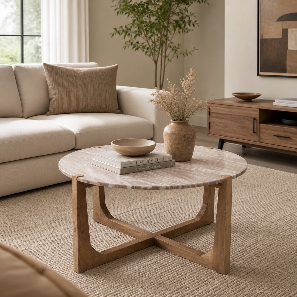 36x18" Modern Marble Top Coffee Table, Tan/brown Coffee Tables| Sagebrook Home