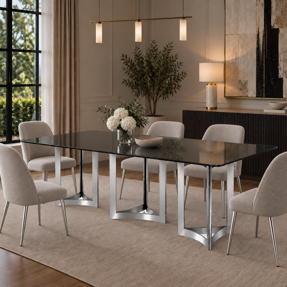Alexa Dining Table Silver Base and 295 CM Gray Glass
