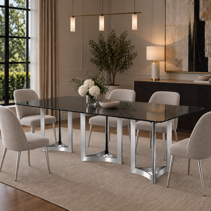 Alexa Dining Table Silver Base and 295 CM Gray Glass