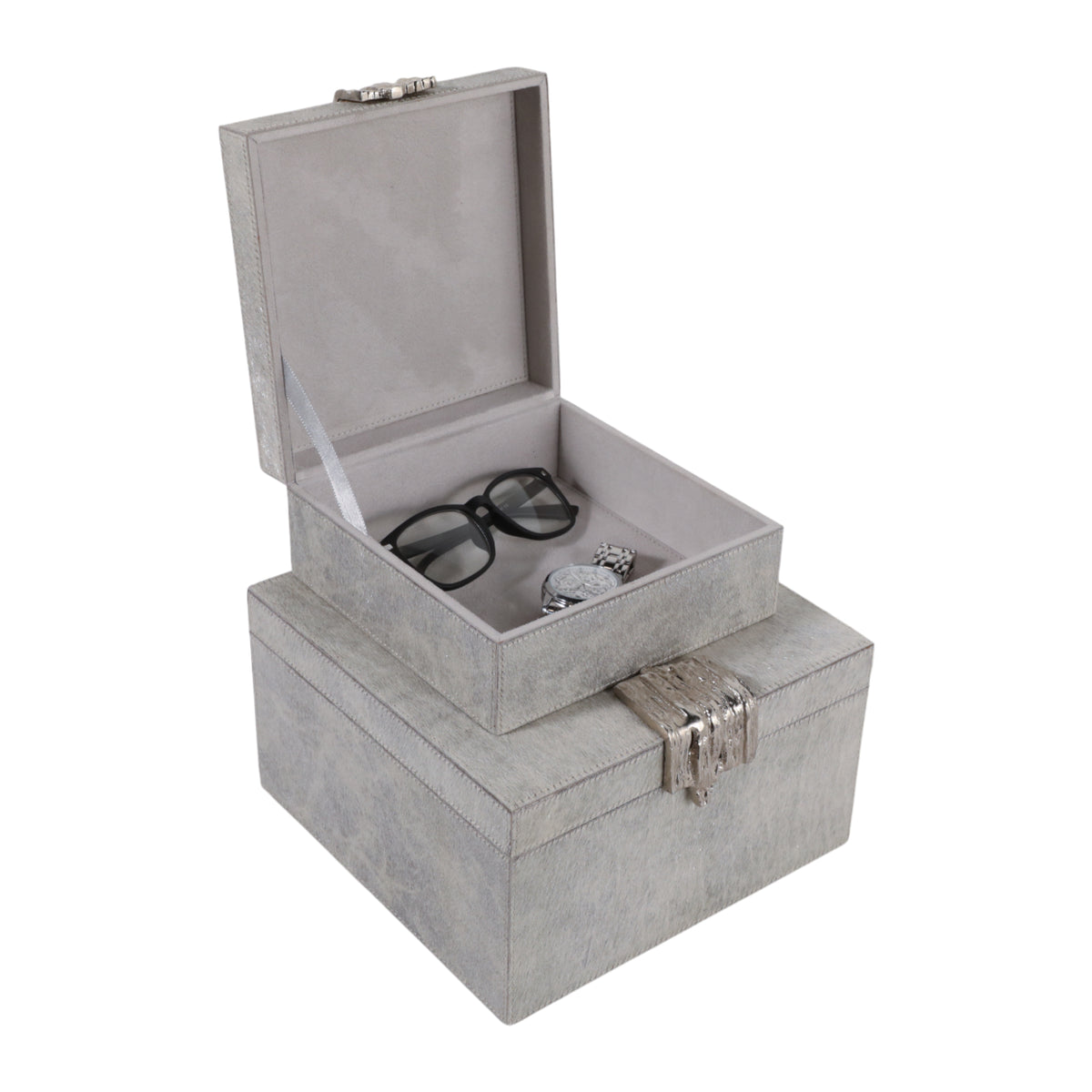 S/2 7/9" GLOUSTER SILVER HAIR ON HIDE BOXES