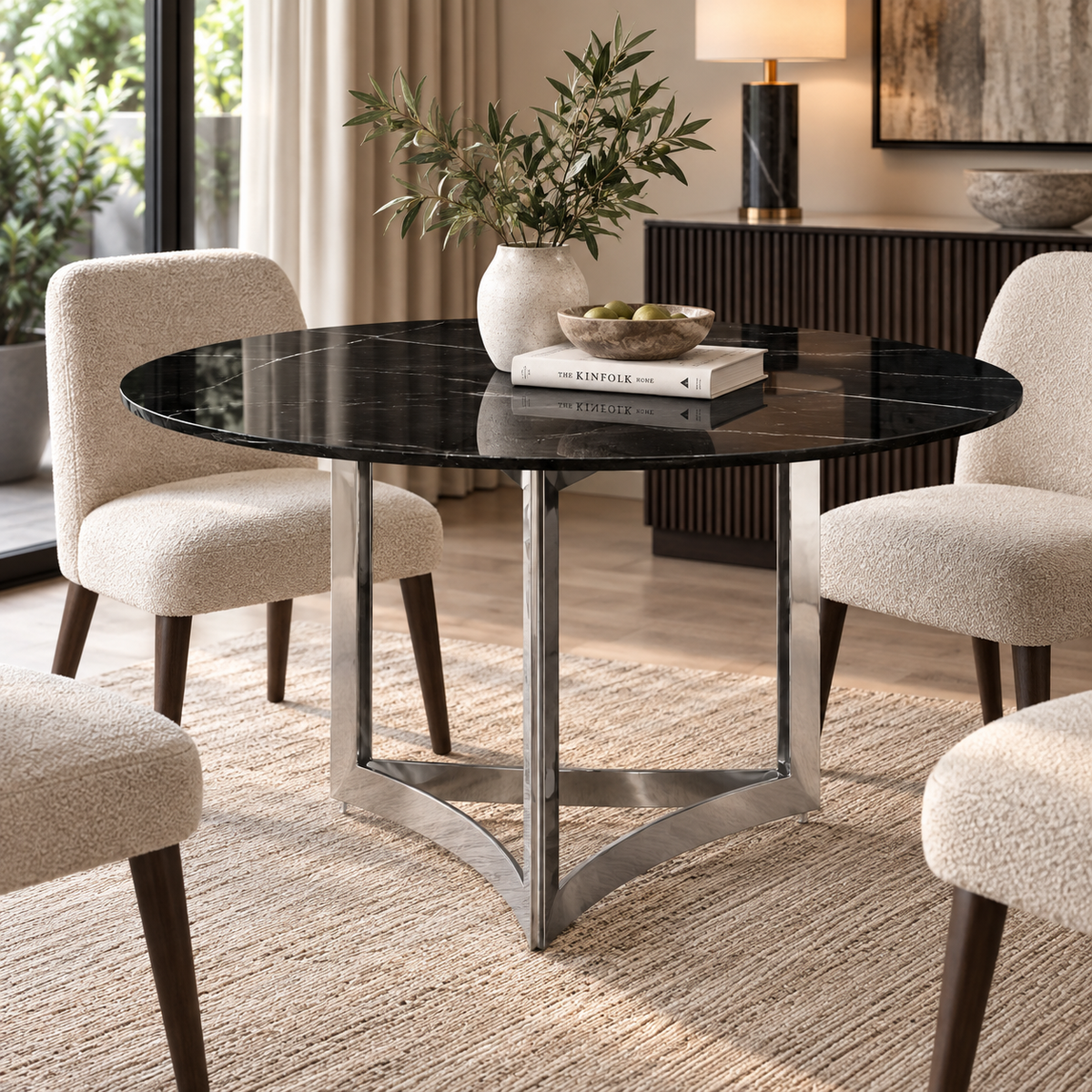 Alexa Dining Table Silver Base and 150 CM Round Black Marble