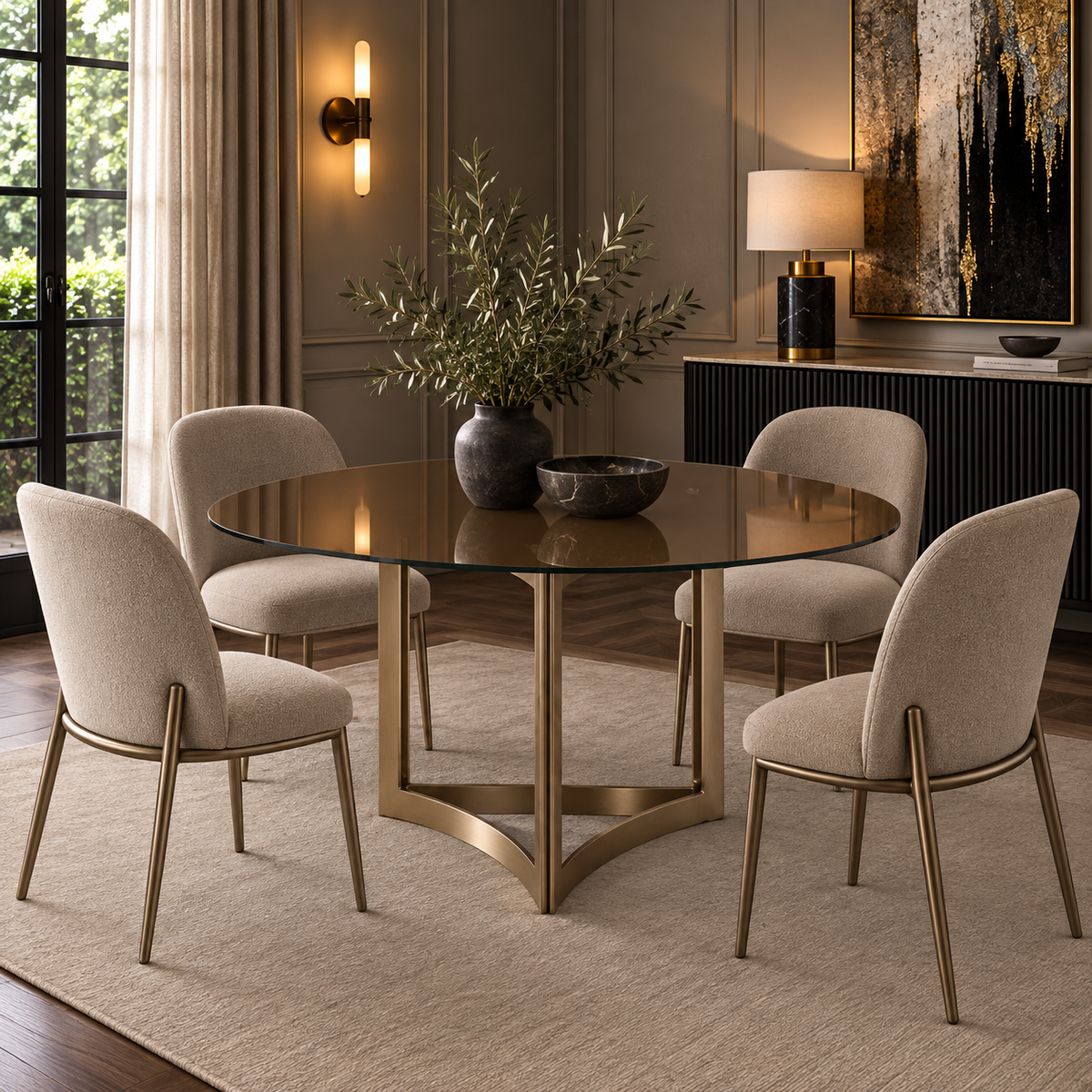 Alexa Dining Table Gold Base and 150 CM Round Gold Glass