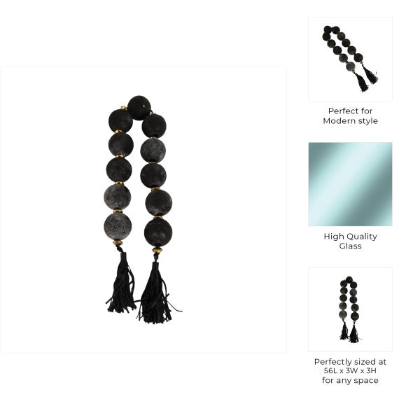 56'' Renton Blk & Gold Glass Garland w Lthr Tassel