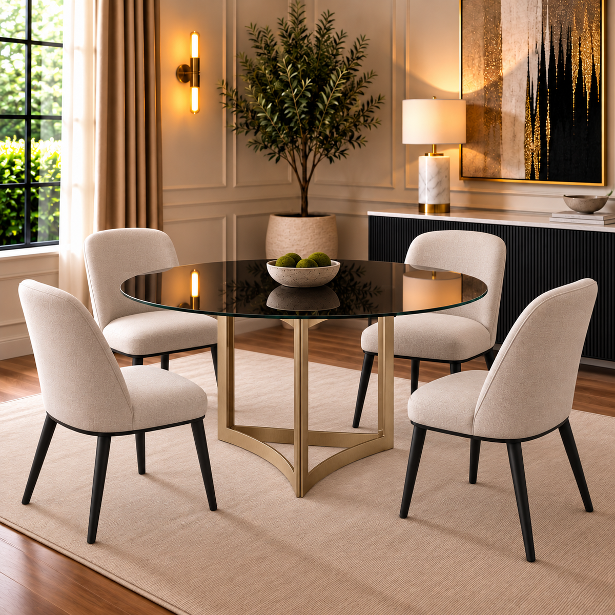 Alexa Dining Table Gold Base and 180 CM Round Black Glass
