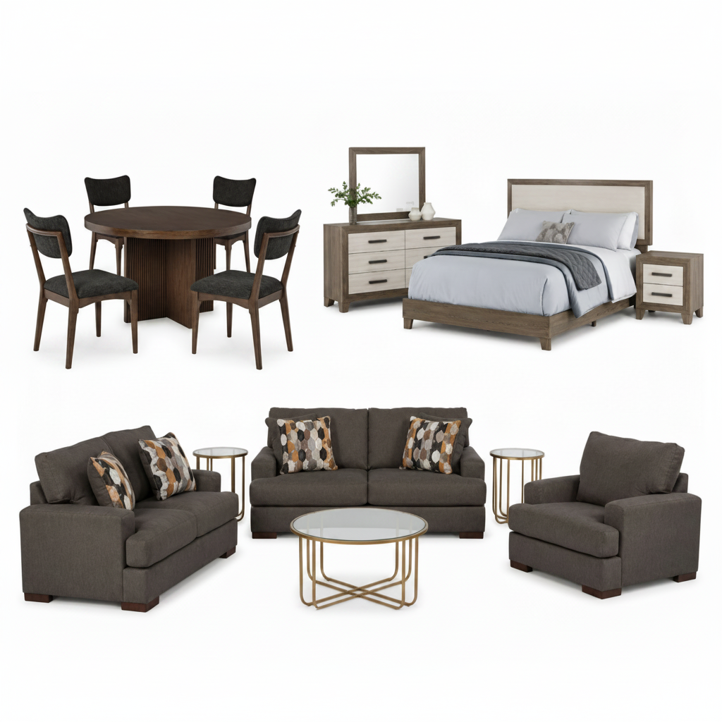 A furniture set collage on a white background showing a bedroom ensemble with a bed, nightstands, dresser, mirror, and dining table with chairs, plus a living room seating set with a sofa, loveseat, armchair, coffee table, and side tables. A black circular gift-box icon appears in the top left.