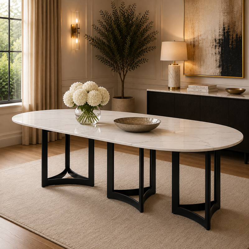 Alexa Dining Table Black Base and 350 Oval CM White Marble