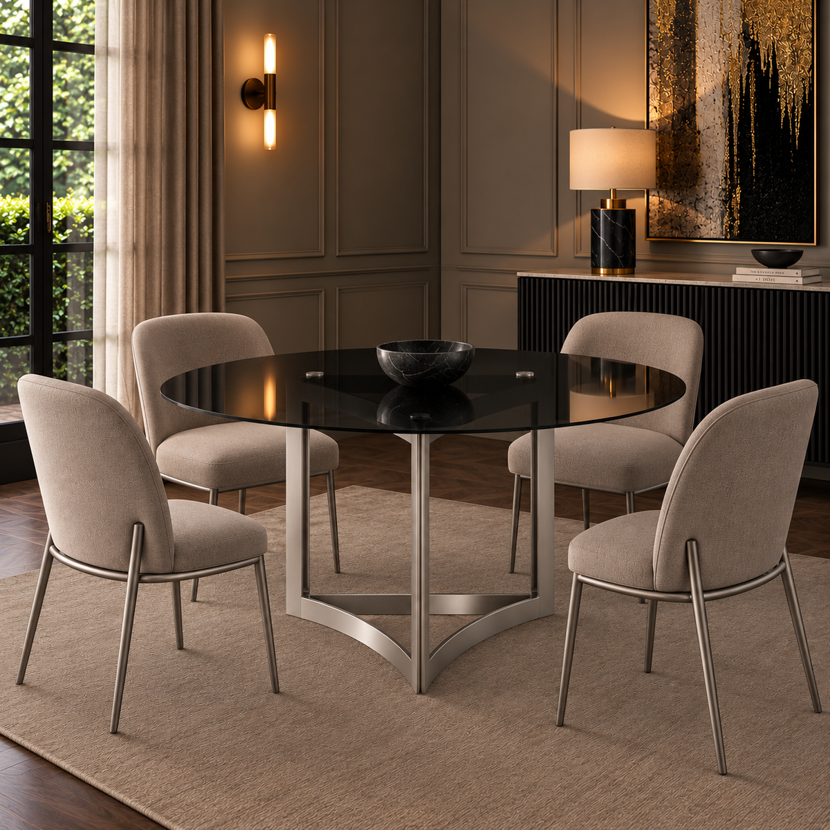 Alexa Dining Table Silver Base and 130 CM Round Black Glass