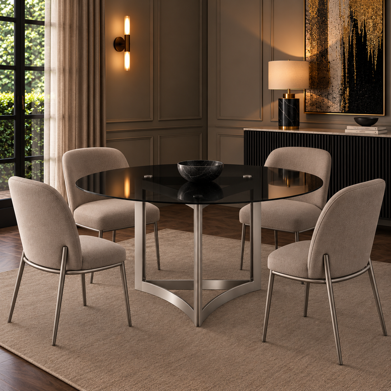 Alexa Dining Table Silver Base and 130 CM Round Black Glass