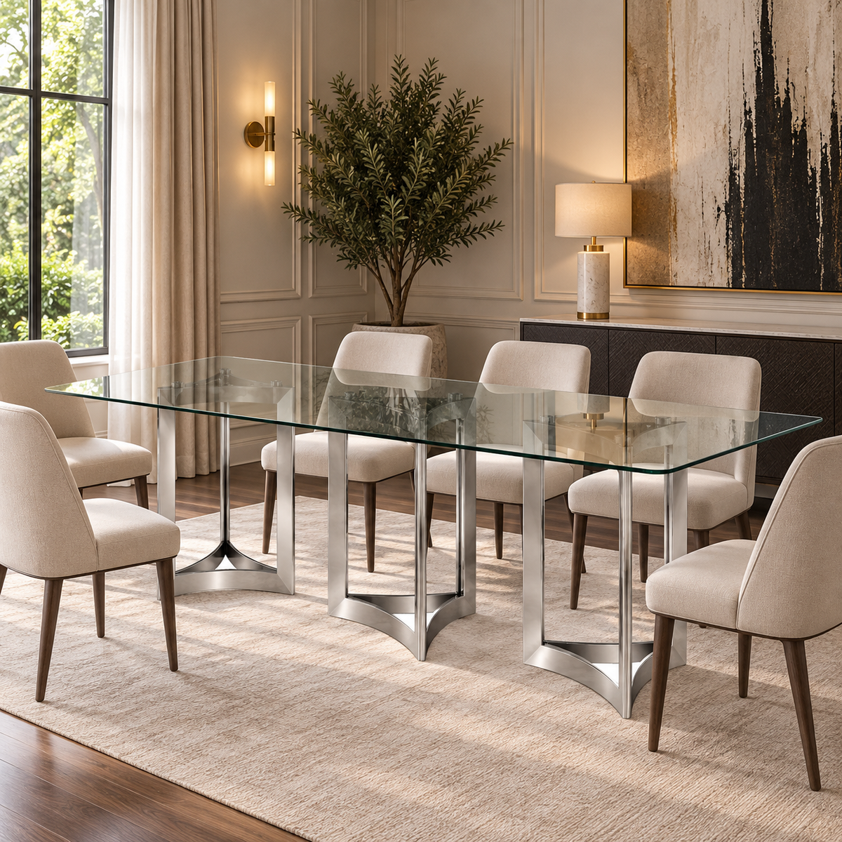 Alexa Dining Table Silver Base and 395 CM Clear Glass