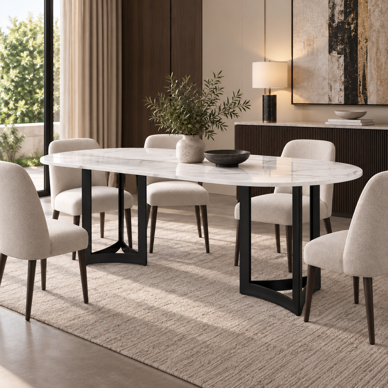 Alexa Dining Table Black Base and 200 Oval CM White Marble