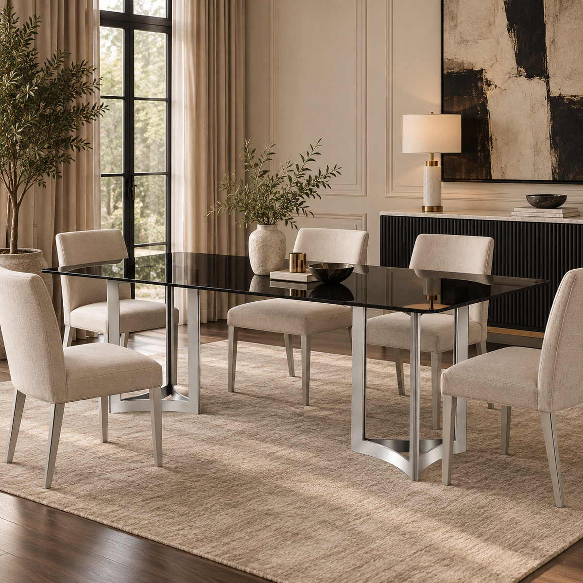 Alexa Dining Table Silver Base and 200 CM Black Glass