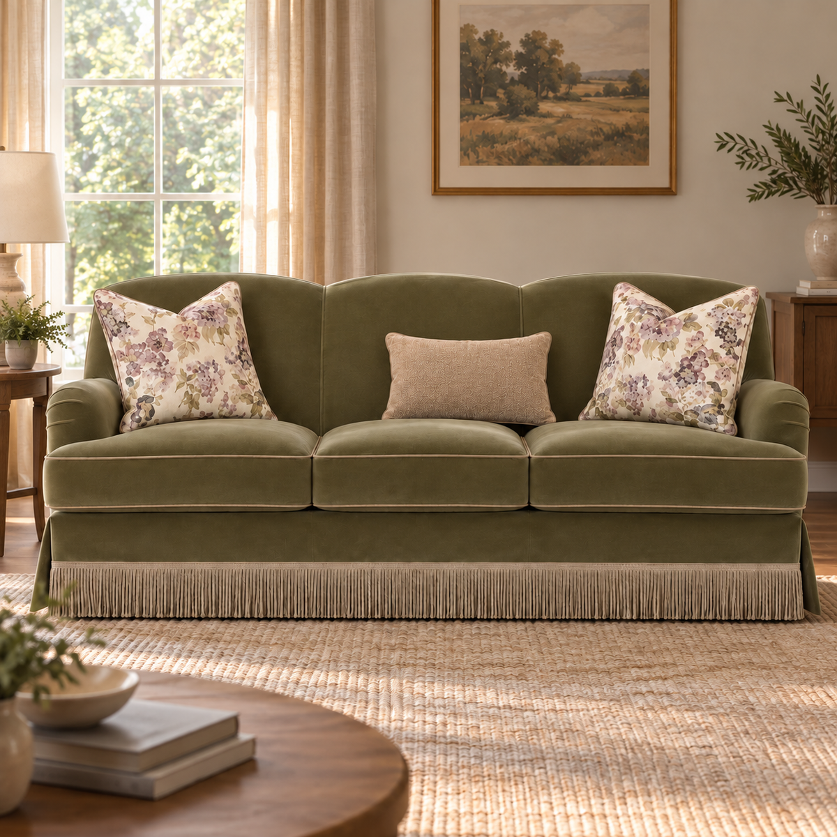Jasmine Olive Sofa Fringe Skirted 215cm