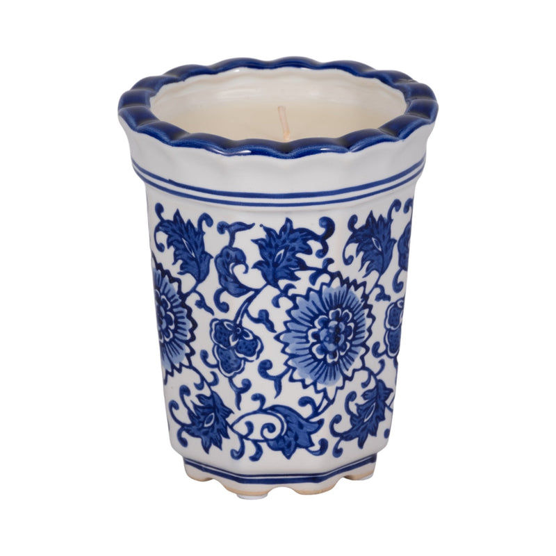 4", 7oz Fluted Chinoiserie Candle , Blue/white - Al Rugaib Furniture