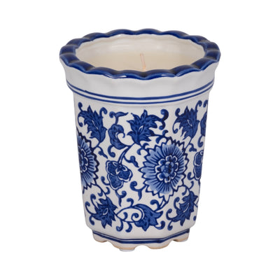 4", 7oz Fluted Chinoiserie Candle , Blue/white - Al Rugaib Furniture