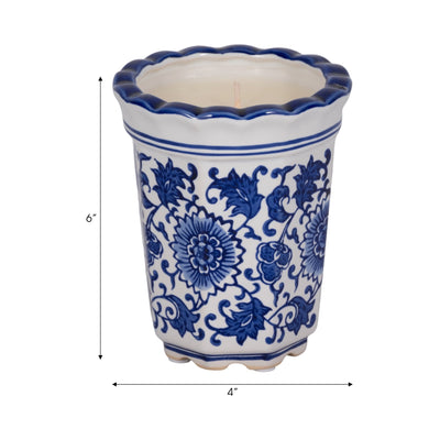 4", 7oz Fluted Chinoiserie Candle , Blue/white - Al Rugaib Furniture
