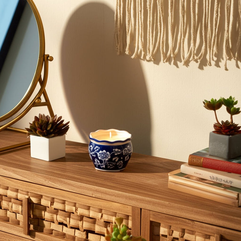 4", 7oz Round Chinoiserie Candle , Blue/white - Al Rugaib Furniture